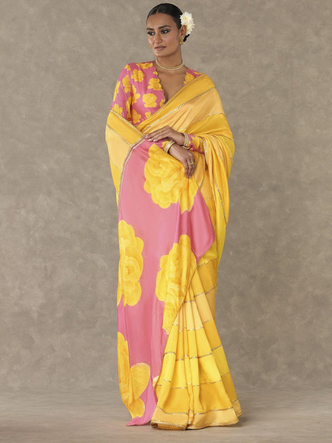 Masaba Yellow & Pink Paisley Embroidered Silk Blend Saree