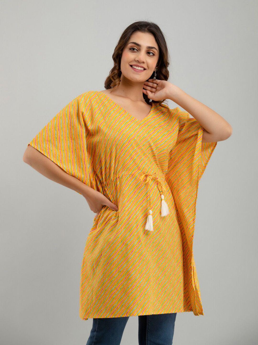 frionkandy-yellow-geometric-print-flared-sleeve-cotton-kaftan-top