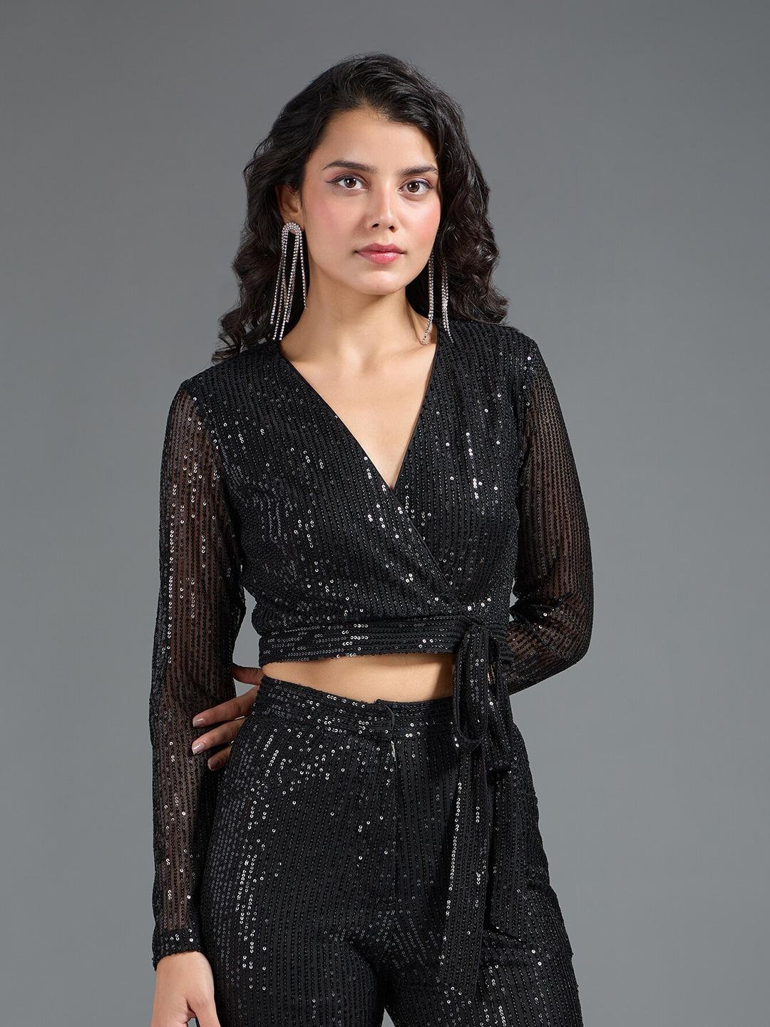 20dresses-black-embellished-v-neck-sequinned-wrap-crop-top