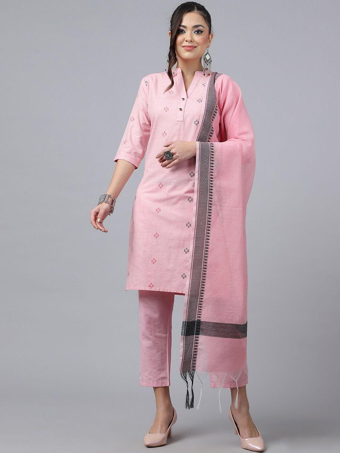 KALINI Ethnic Motifs Woven Design Mandain Collar Straight Kurta & Trouser With Dupatta