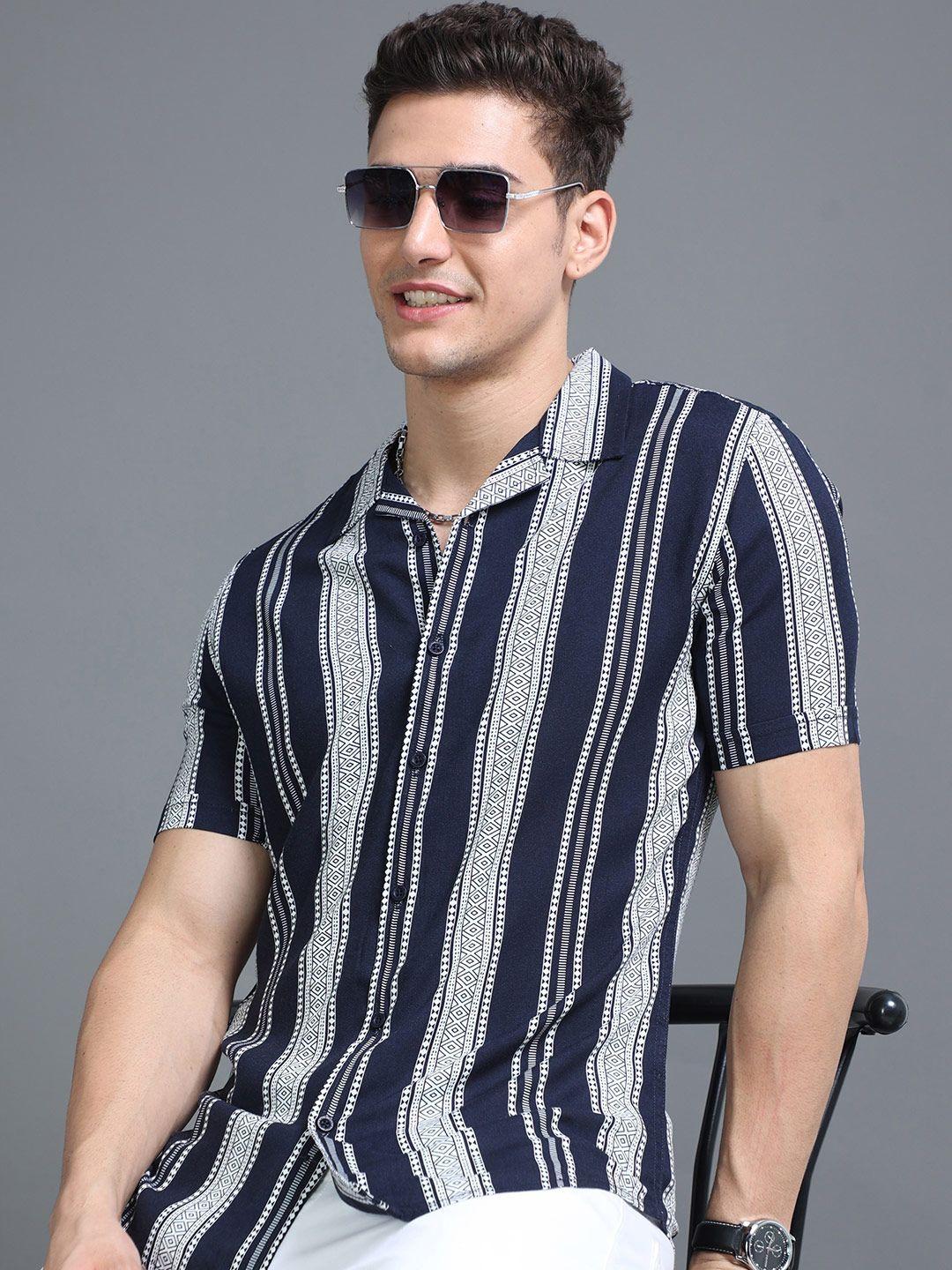 HERE&NOW Slim Fit Striped Cuban Collar Casual Shirt