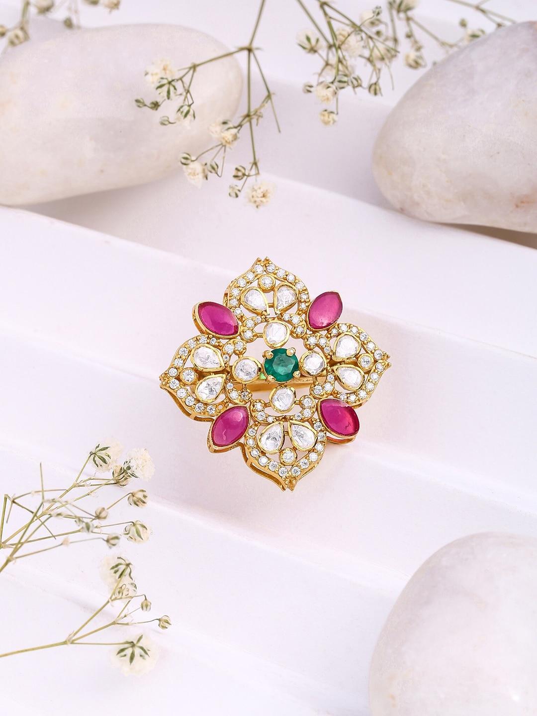 Kicky And Perky Gold-Plated Stones Studded Adjustable Floral Finger Ring
