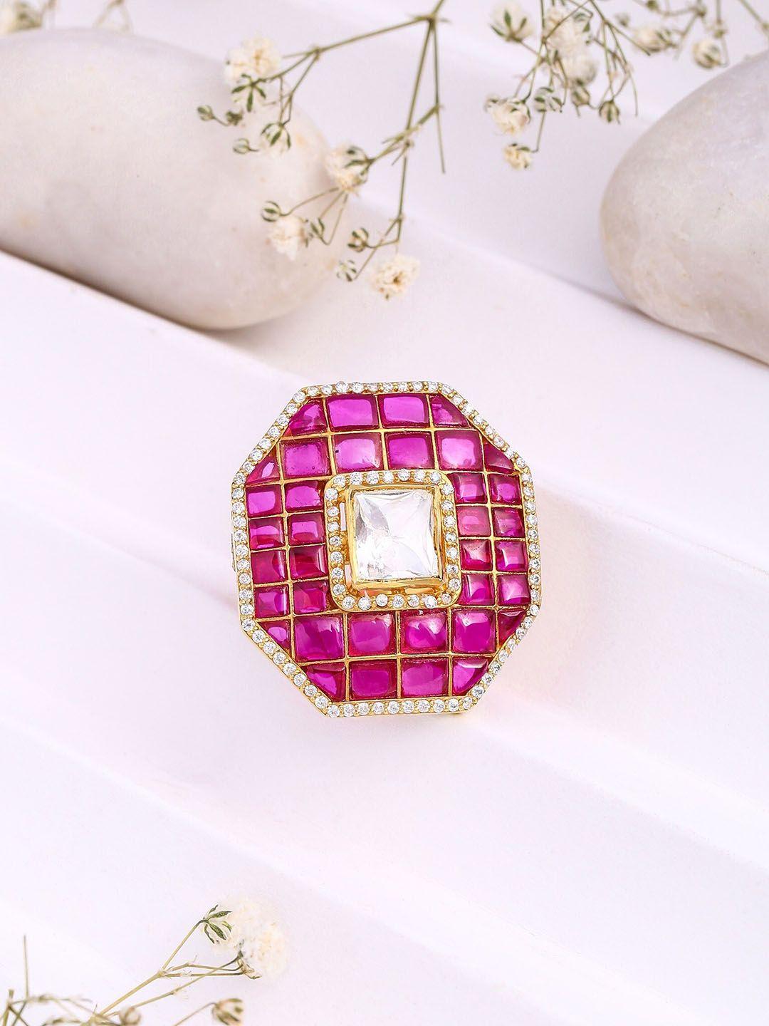 Kicky And Perky Gold-Plated Stones Studded Adjustable Octagon Finger Ring