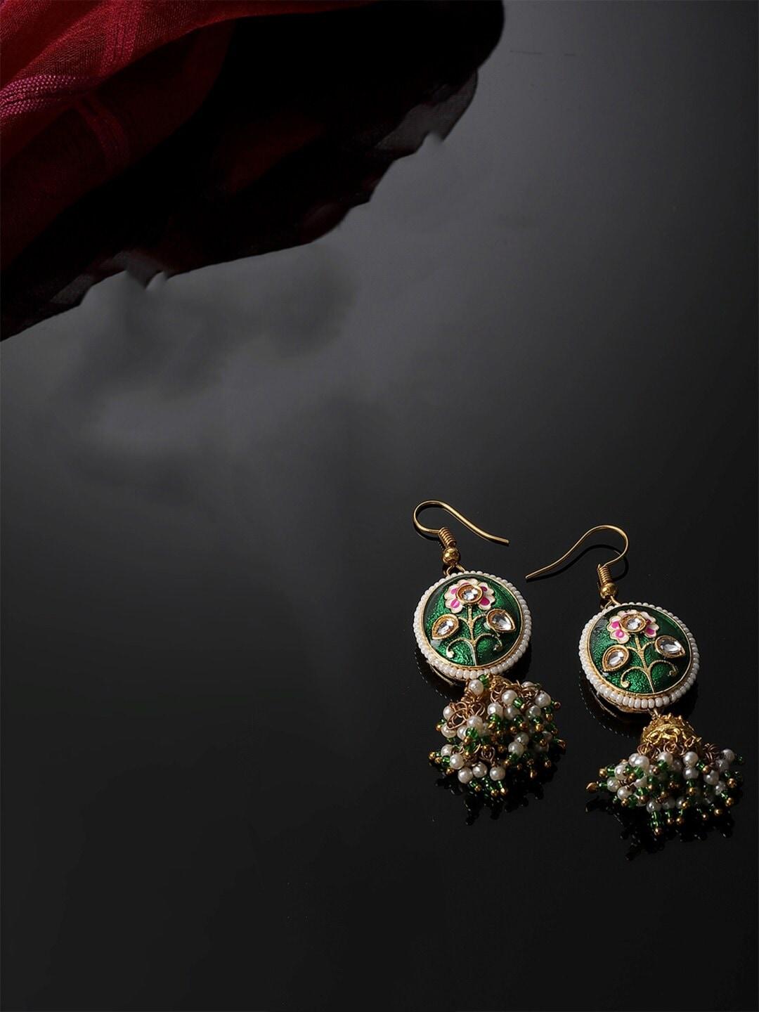 DUGRISTYLE Gold-Plated Kundan Studded Enamelled Contemporary Jhumkas