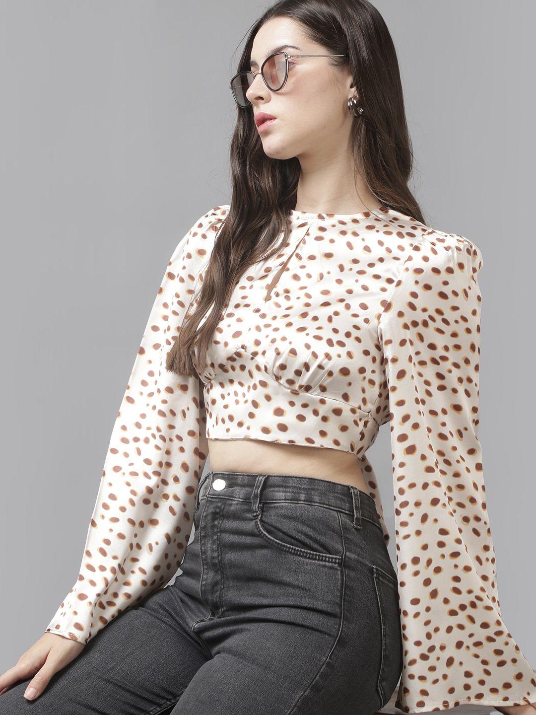 Roadster Cream Coloured Abstract Printed Keyhole Neck Bell Sleeves Styled Back Crop Top
