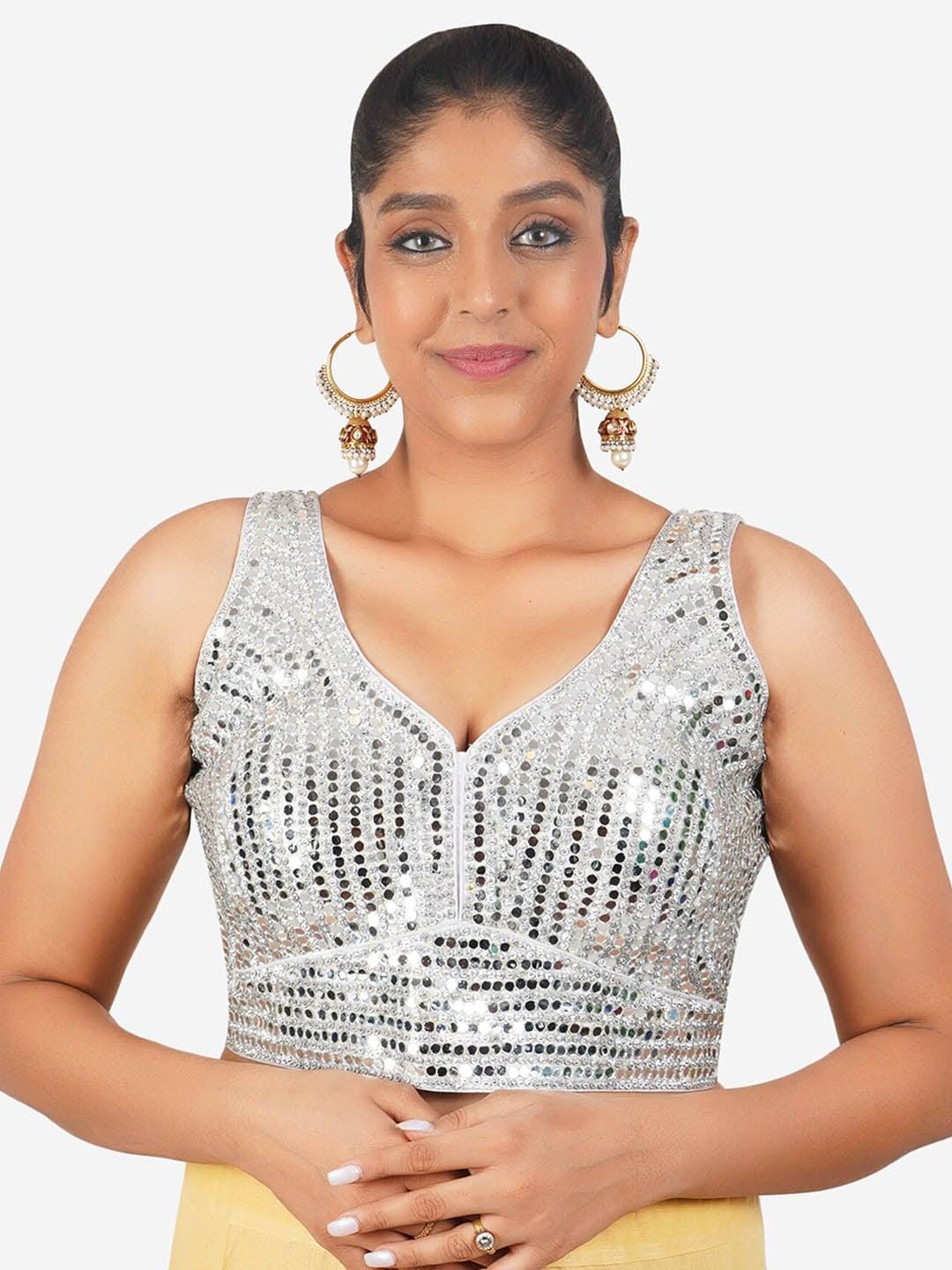 Trendzmy Embroidered V-Neck Sleeveless Heavy Mirror Work Cotton Saree Blouse
