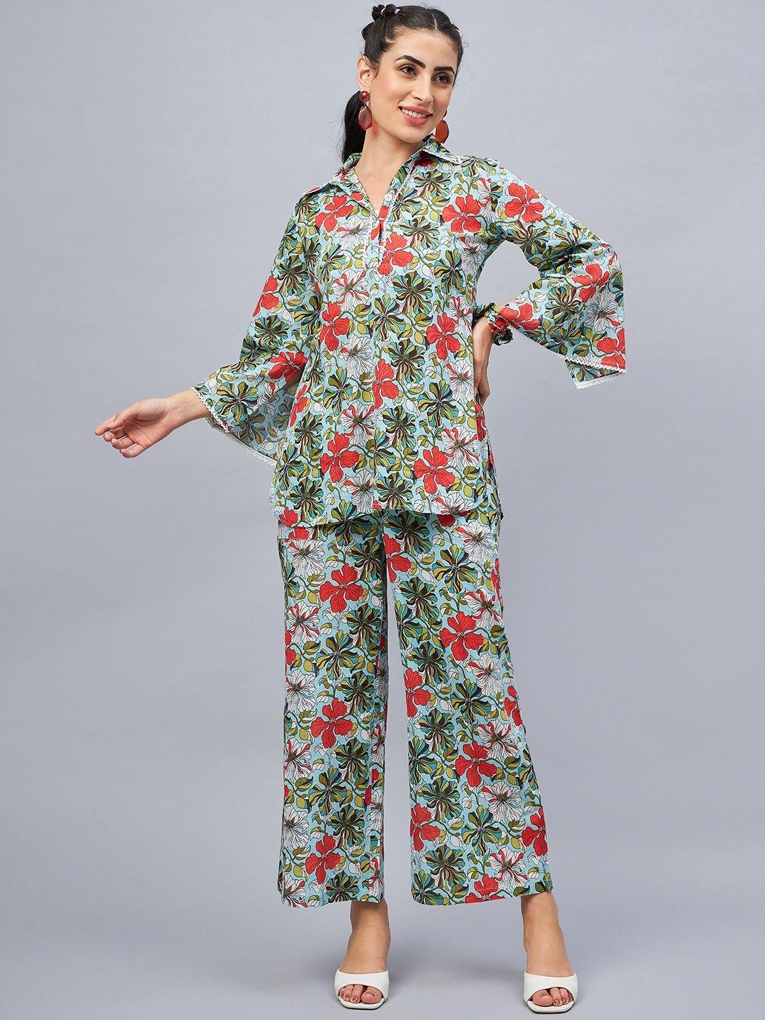 WineRed Floral Printed Pure Cotton Top & Palazzos