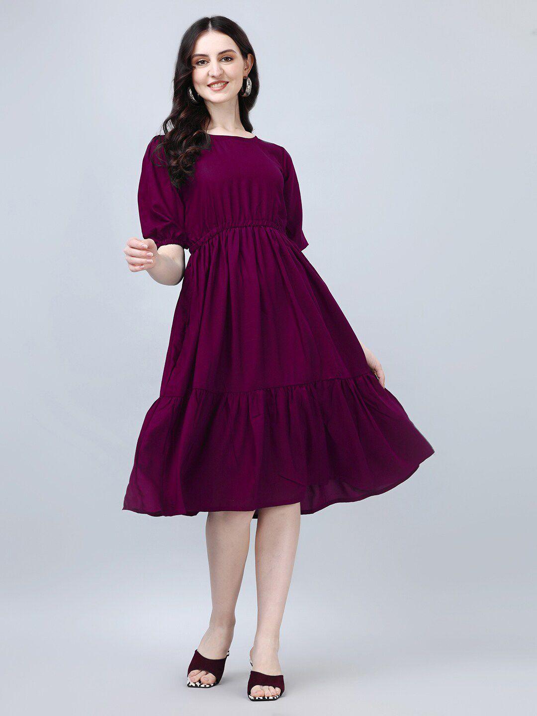 femvy-round-neck-puff-sleeves-gathered-fit-&-flare-dress