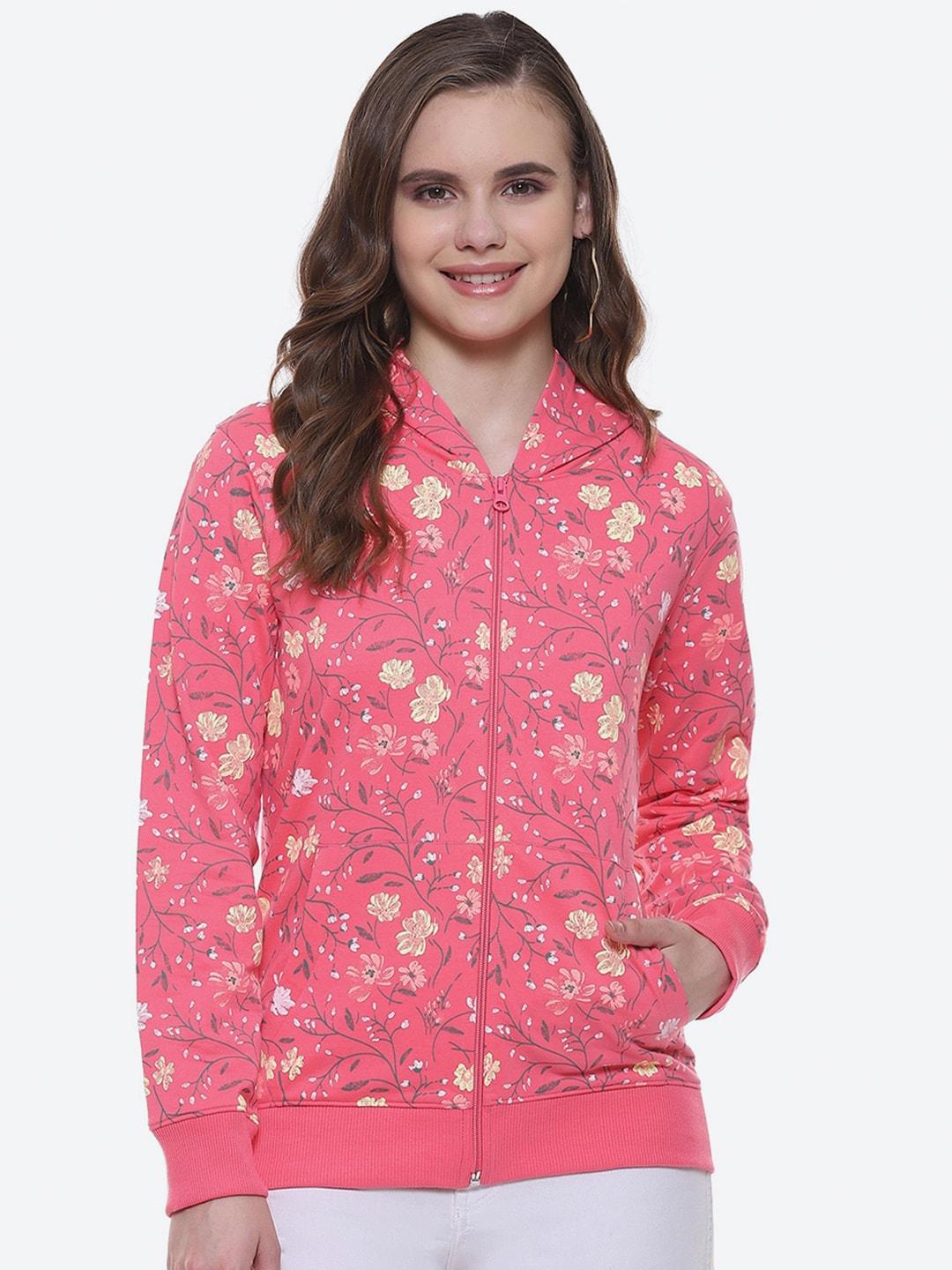 2Bme Floral Printed Cotton Hooded Front-Open Sweatshirt