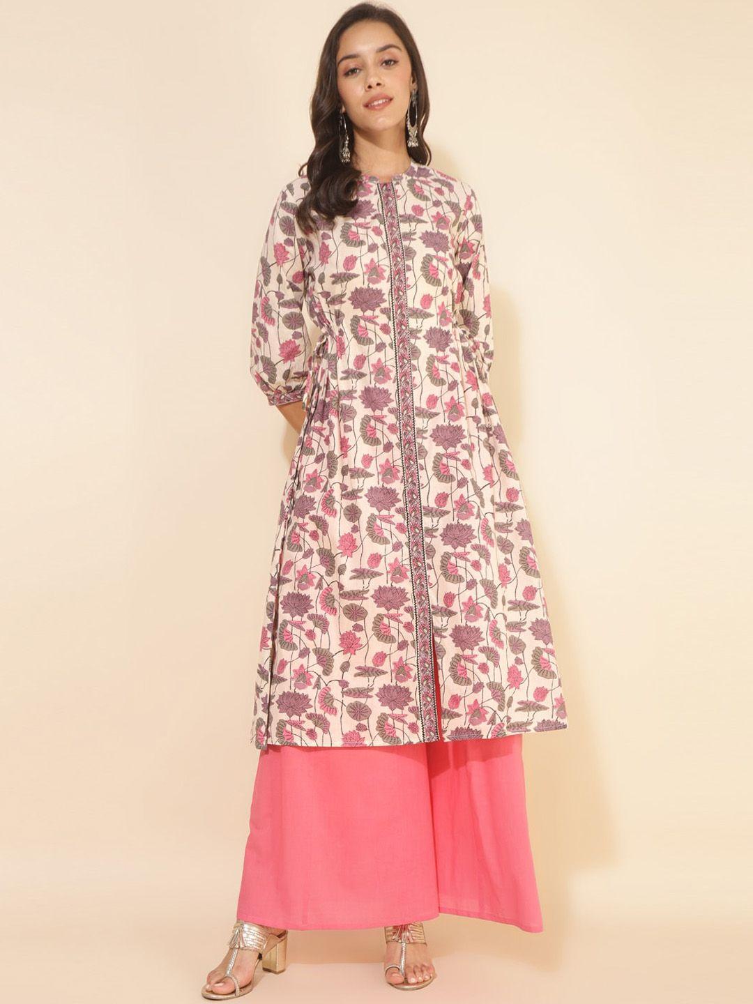 janasya-floral-printed-mandarin-collar-high-slit-cotton-a-line-kurta
