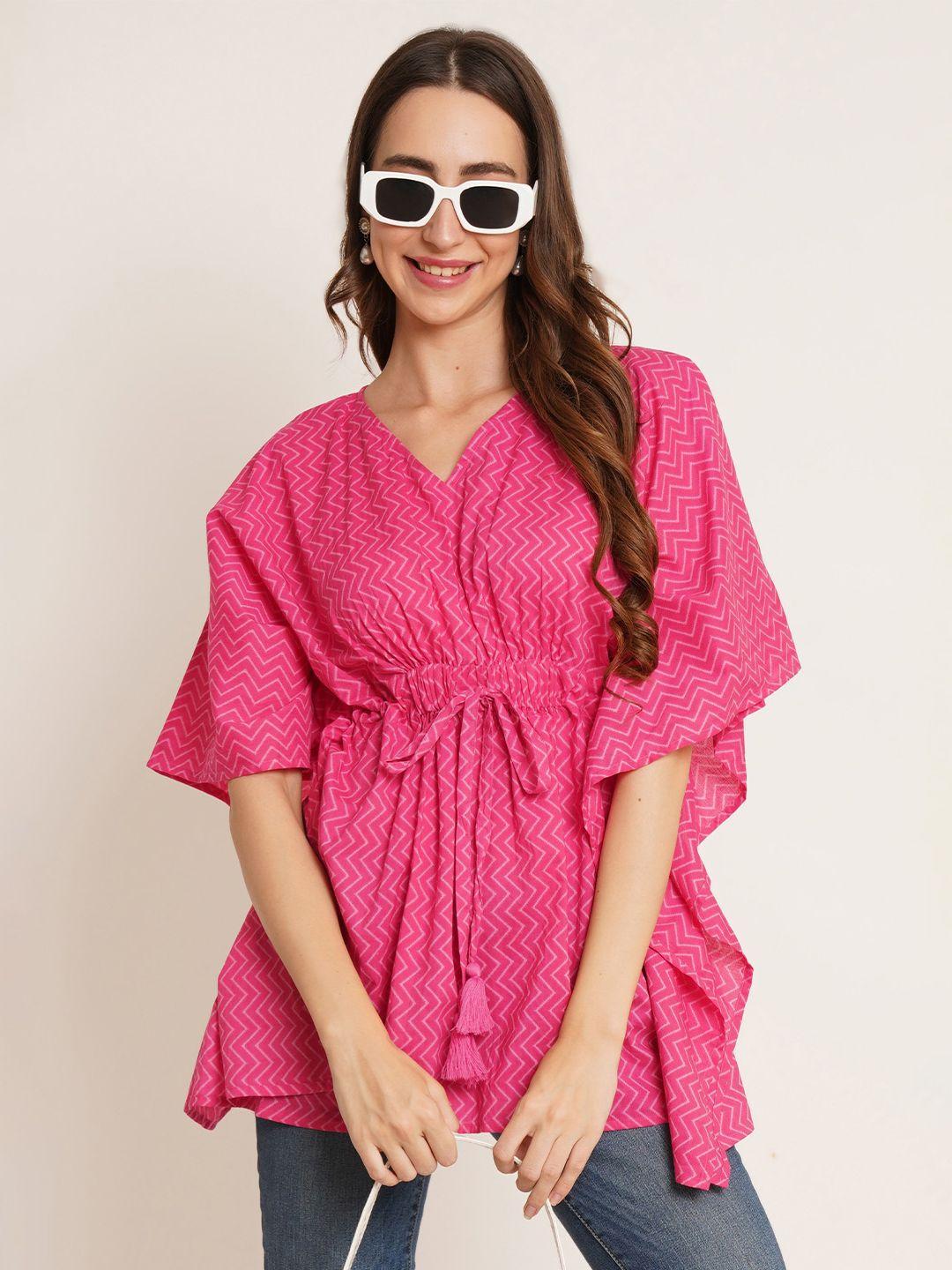 cotland-fashion-chevron-printed-v-neck-kimono-sleeve-cotton-cinched-waist-top