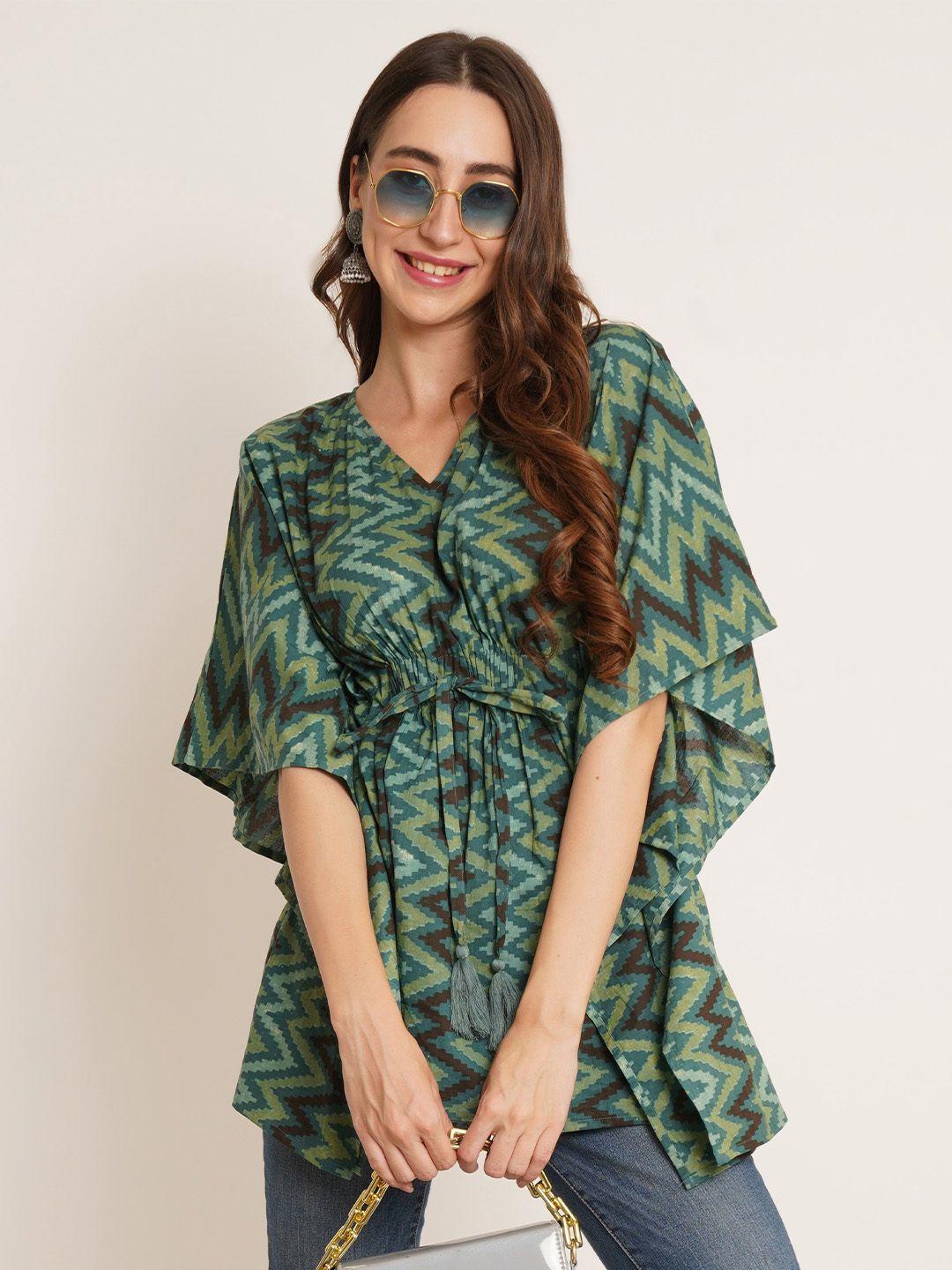 cotland-fashion-geometric-printed-v-neck-kimono-sleeves-pure-cotton-kaftan-longline-top