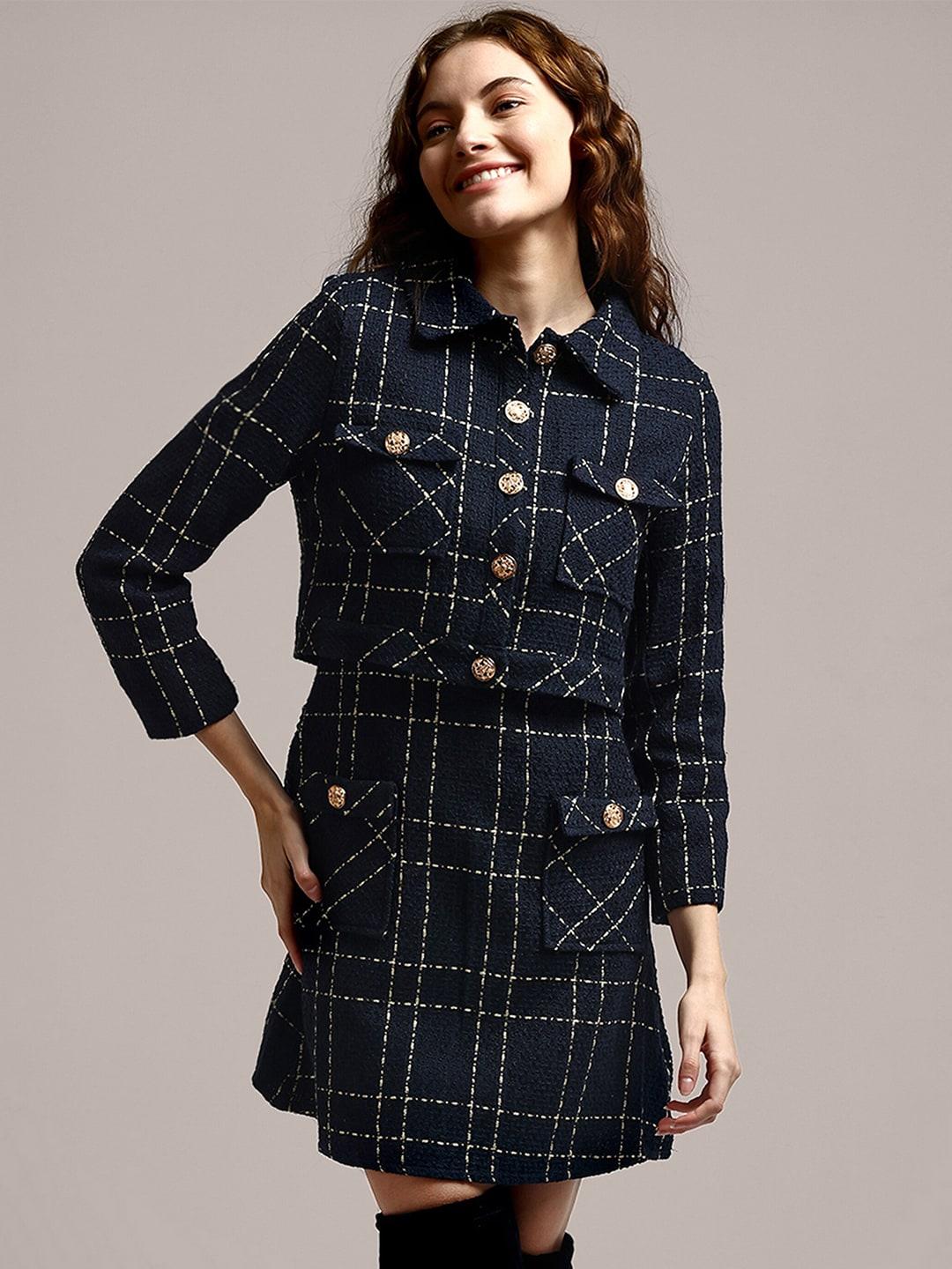 iki-chic-navy-blue-tweed-checked-cotton-a-line-mini-dress-with-jacket