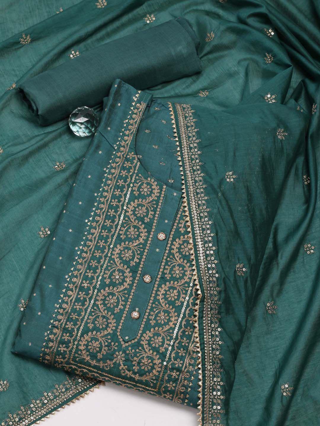 Meena Bazaar Ethnic Motifs Embroidered Sequined Art Silk Unstitched Dress Material