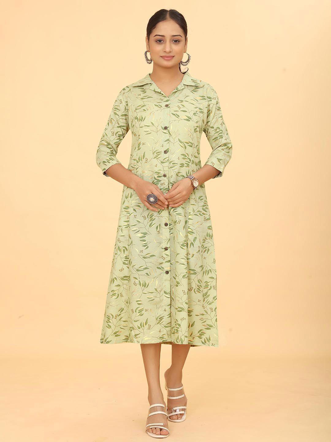 kesudi-floral-print-shirt-collar-three-quarter-sleeves-cotton-shirt-midi-dress