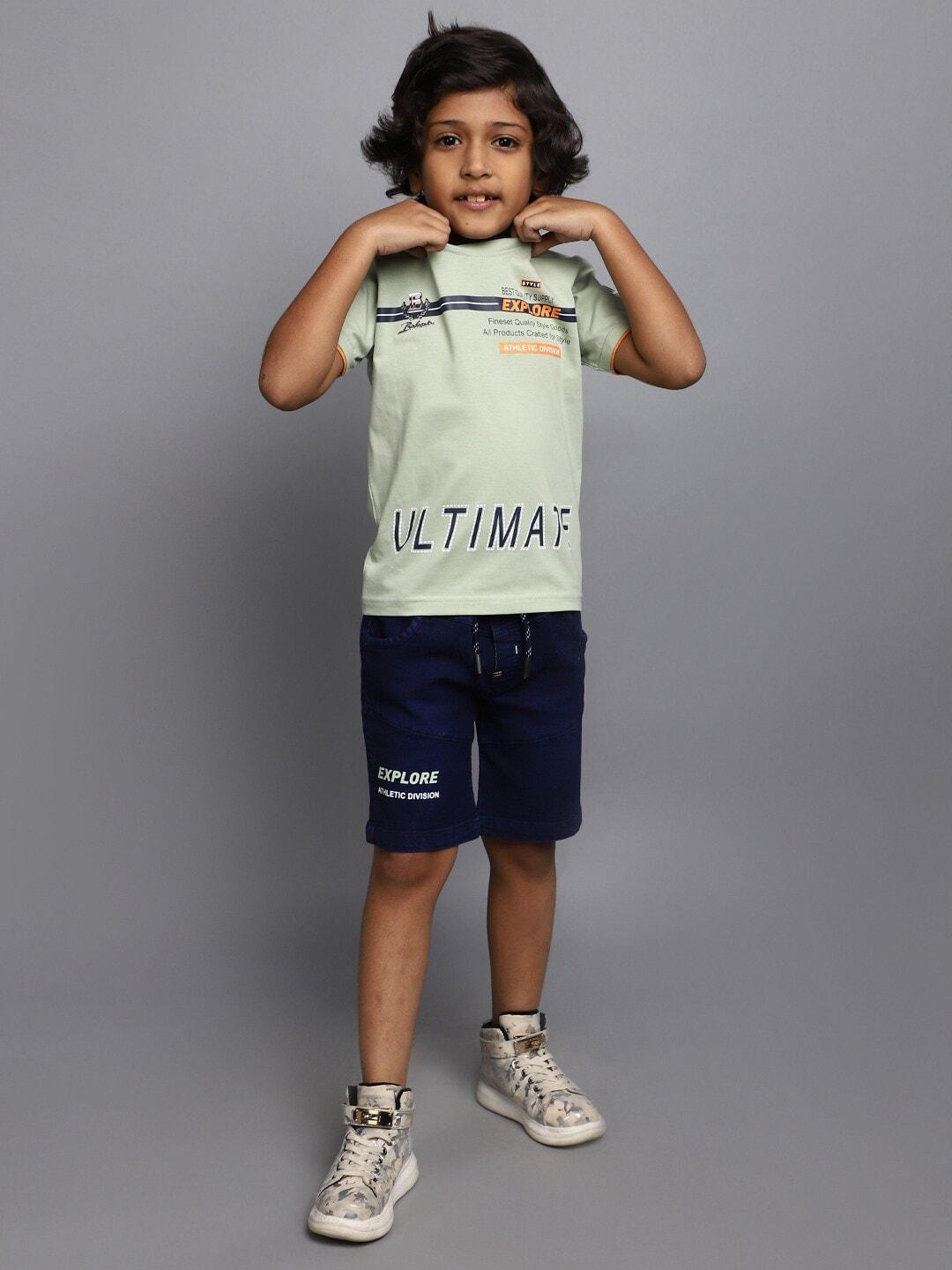 V-Mart Boys Typography Printed Knit-Denim T-Shirt With Shorts