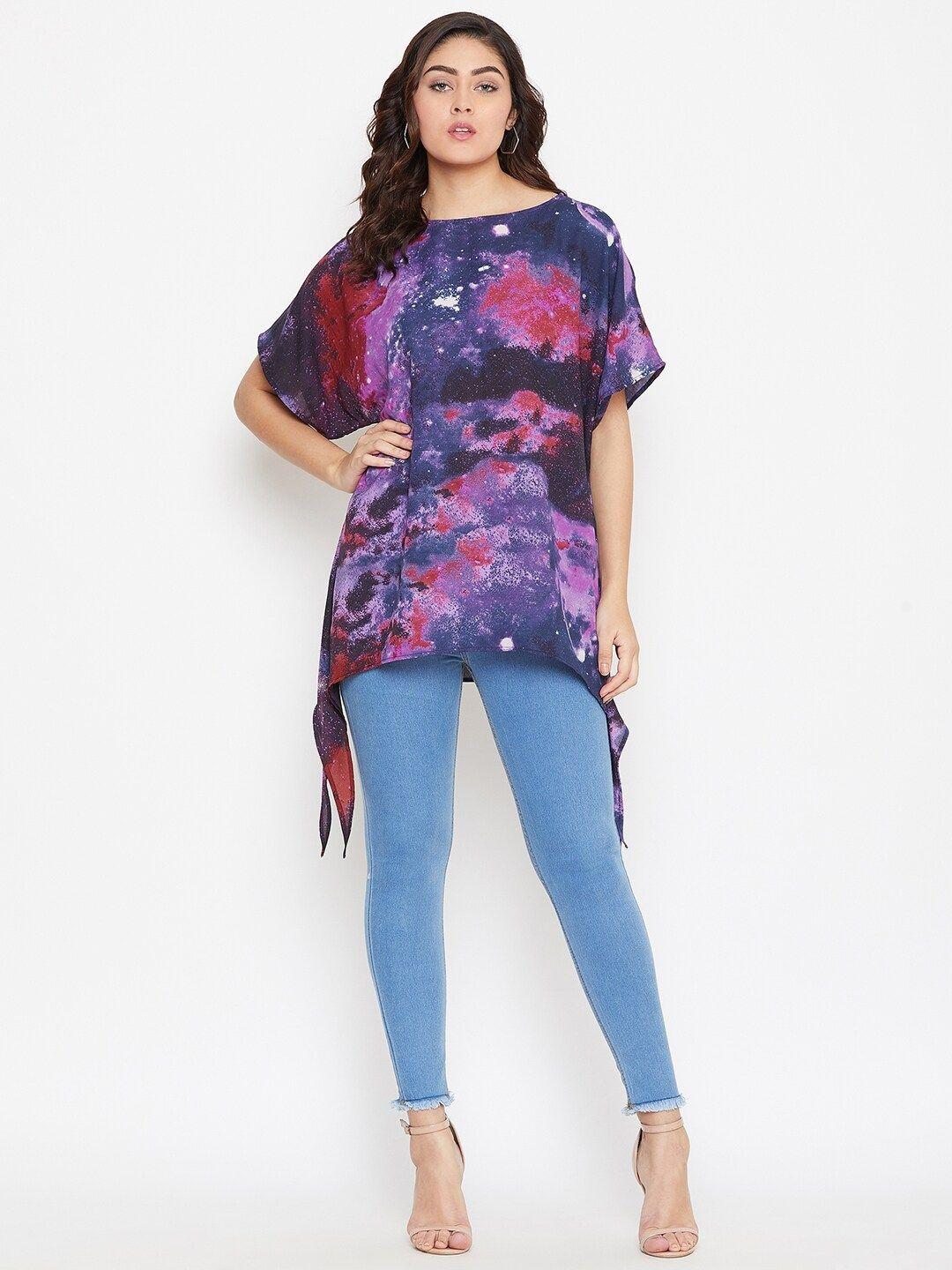 BAESD Abstract Printed Extended Sleeves High-Low Longline Top