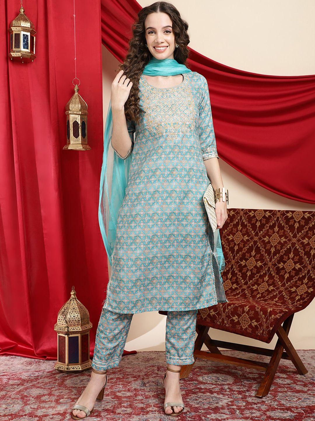 Sangria Ethnic Motifs Printed Sequinned Kurta with Trousers & Dupatta
