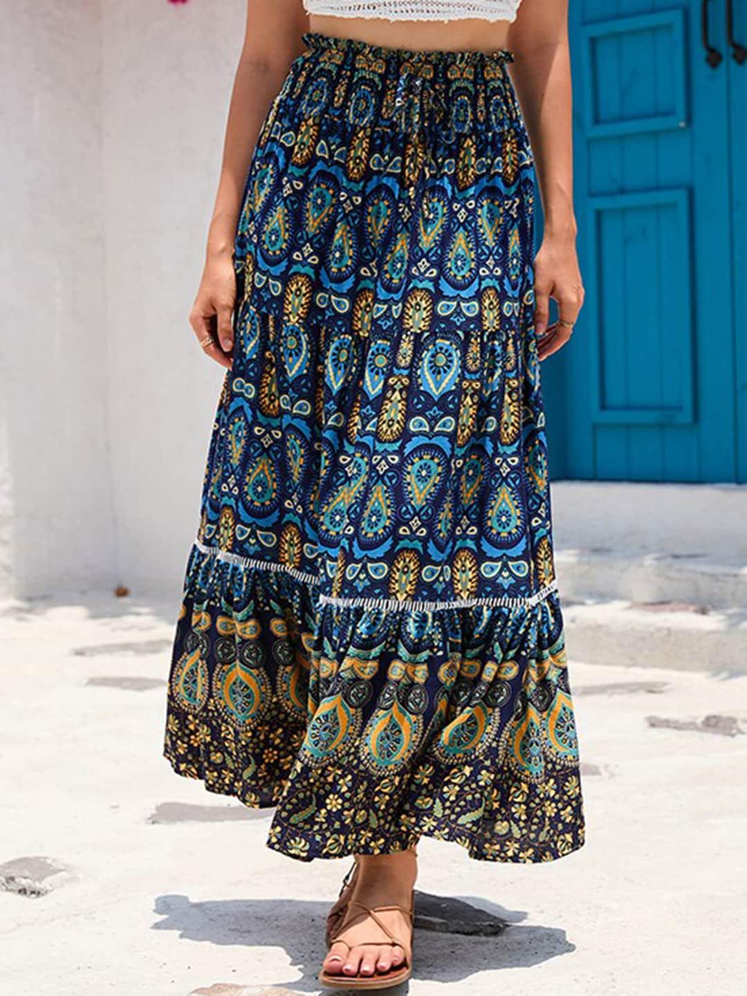 StyleCast Navy Blue Printed Ethnic Motifs Printed Flared Maxi Skirt