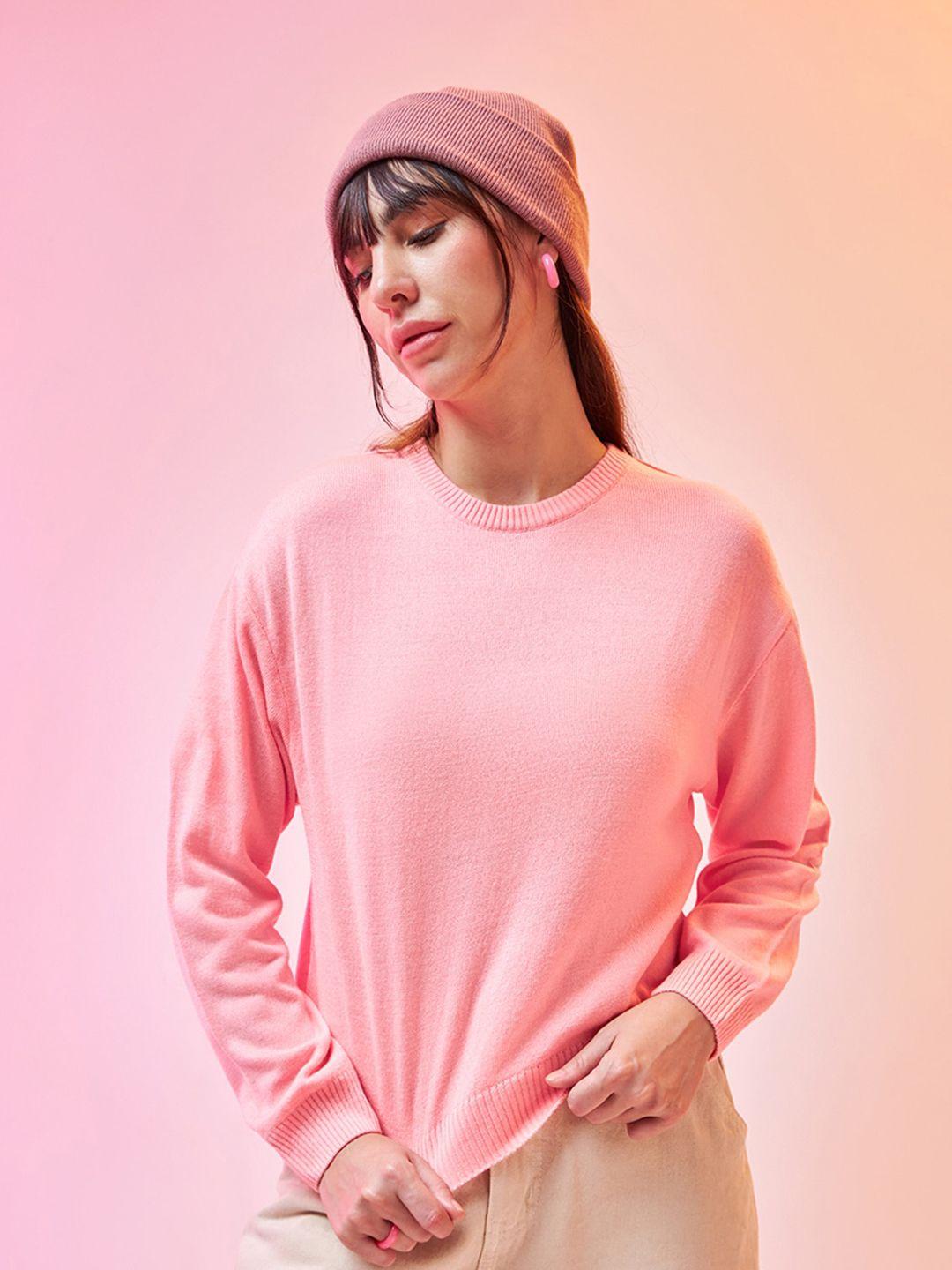 Bewakoof Pink Round Neck Pullover Acrylic Sweater
