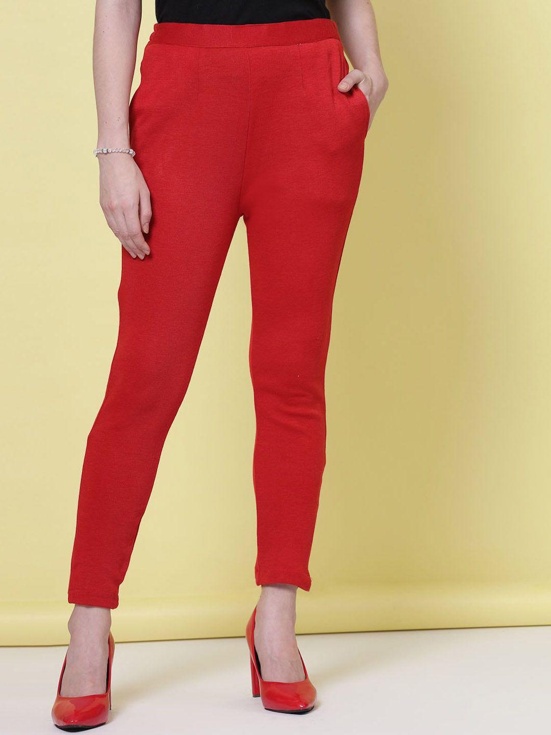Clora Creation Women Red Smart Easy Wash Trousers