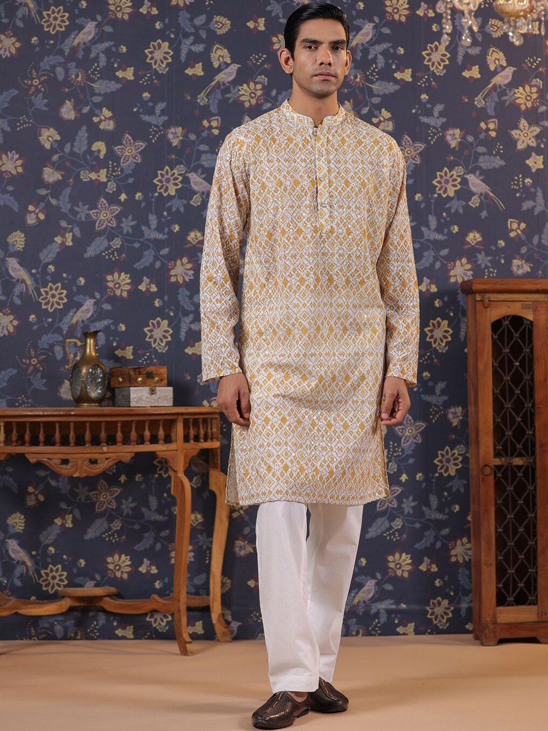House of Pataudi Ethnic Motifs Embroidered Sequins Pure Cotton Straight Kurta
