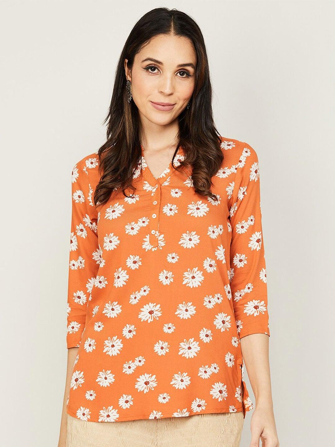 melange-by-lifestyle-floral-printed-mandarin-collar-kurti