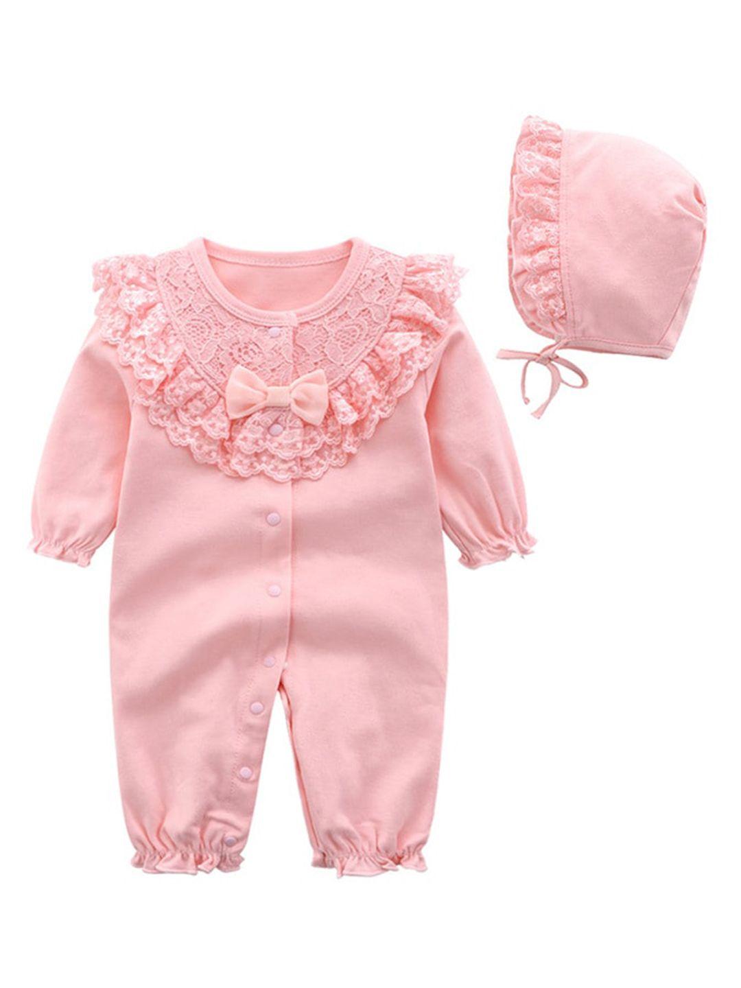 StyleCast Infant Girls Pink Self Design Cotton Rompers With Hat