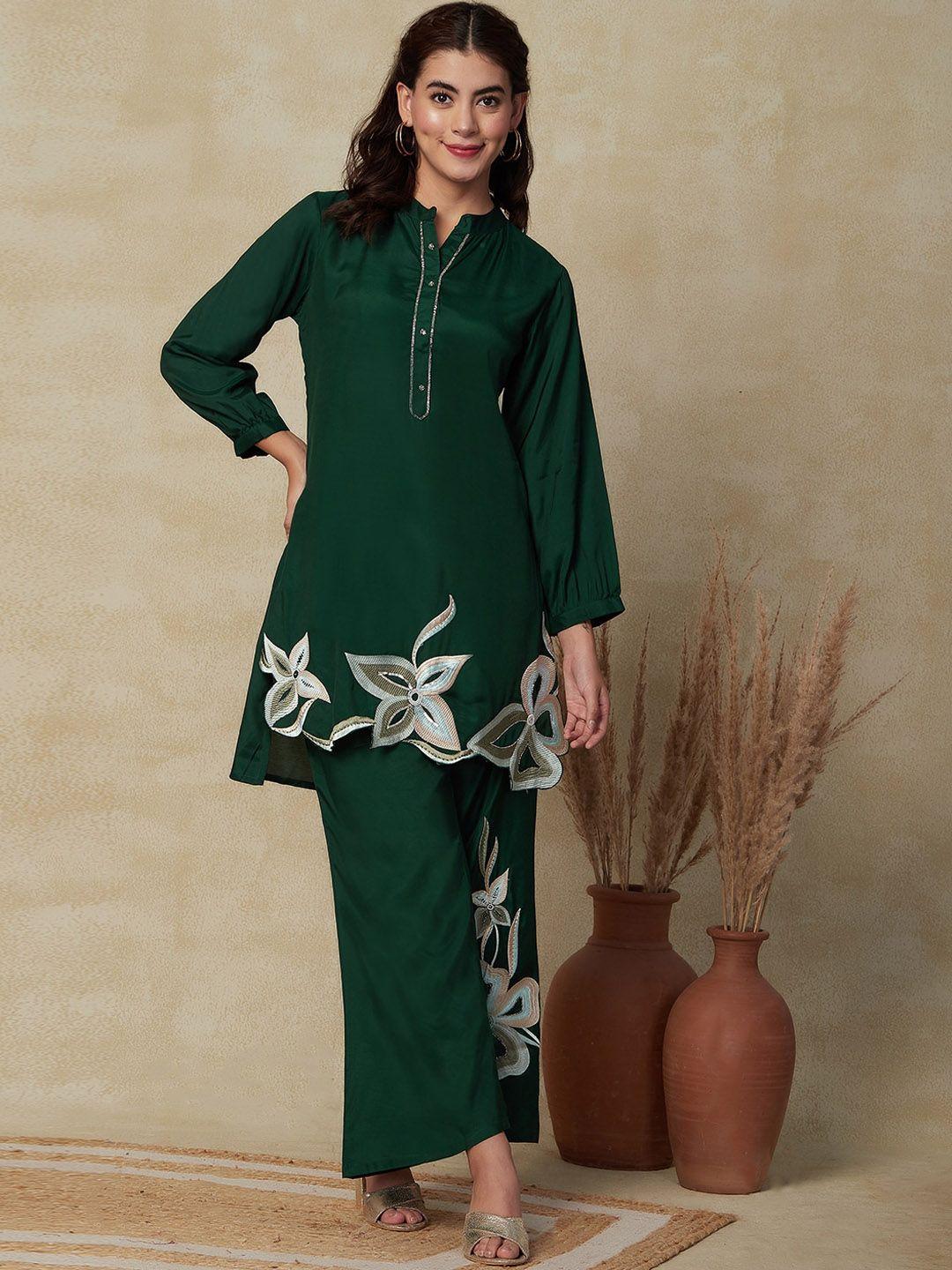 FASHOR Green Floral Embroidered Sequinned A-Line Kurta With Palazzos