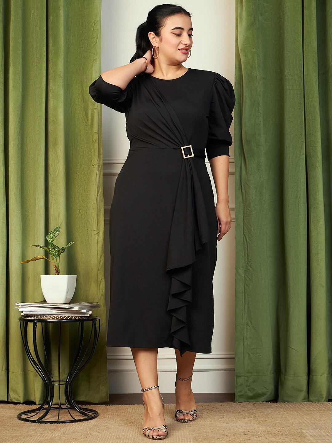 curve-by-kassually-black-ruched-sleeves-ruffled-sheath-midi-dress