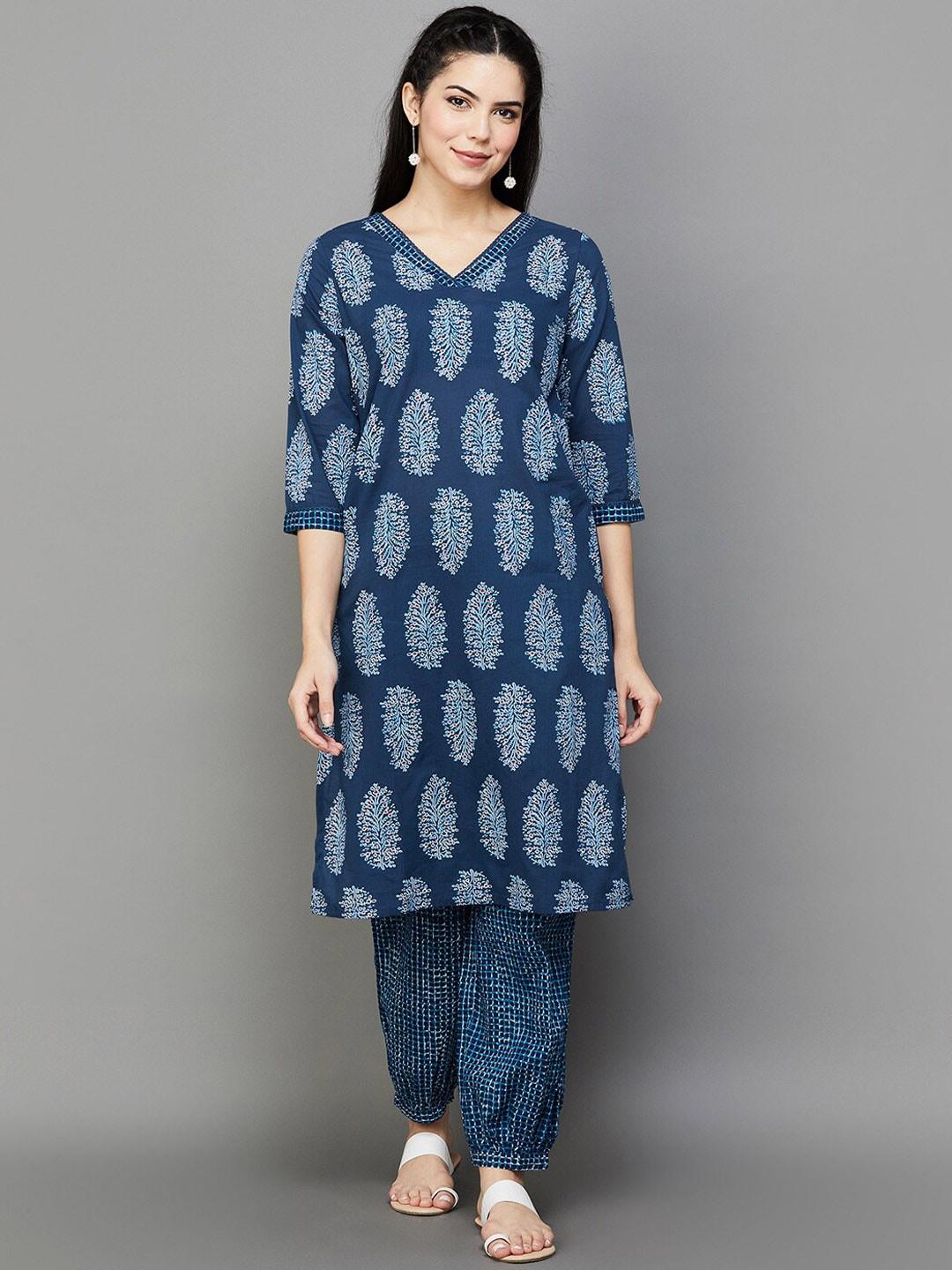melange-by-lifestyle-ethnic-motifs-printed-pure-cotton-kurta-with-salwar