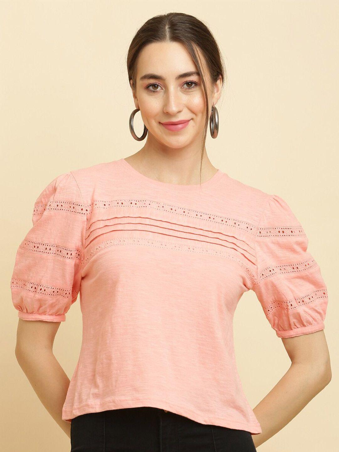here&now-peach-coloured-puff-sleeve-schiffli-pure-cotton-top