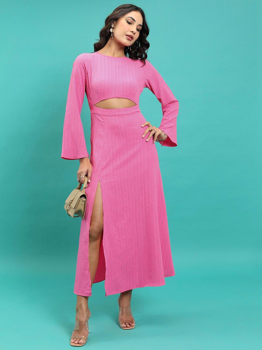 Tokyo Talkies Pink Striped Flared Sleeves Cut-Out Detailed Midi A-Line Dress