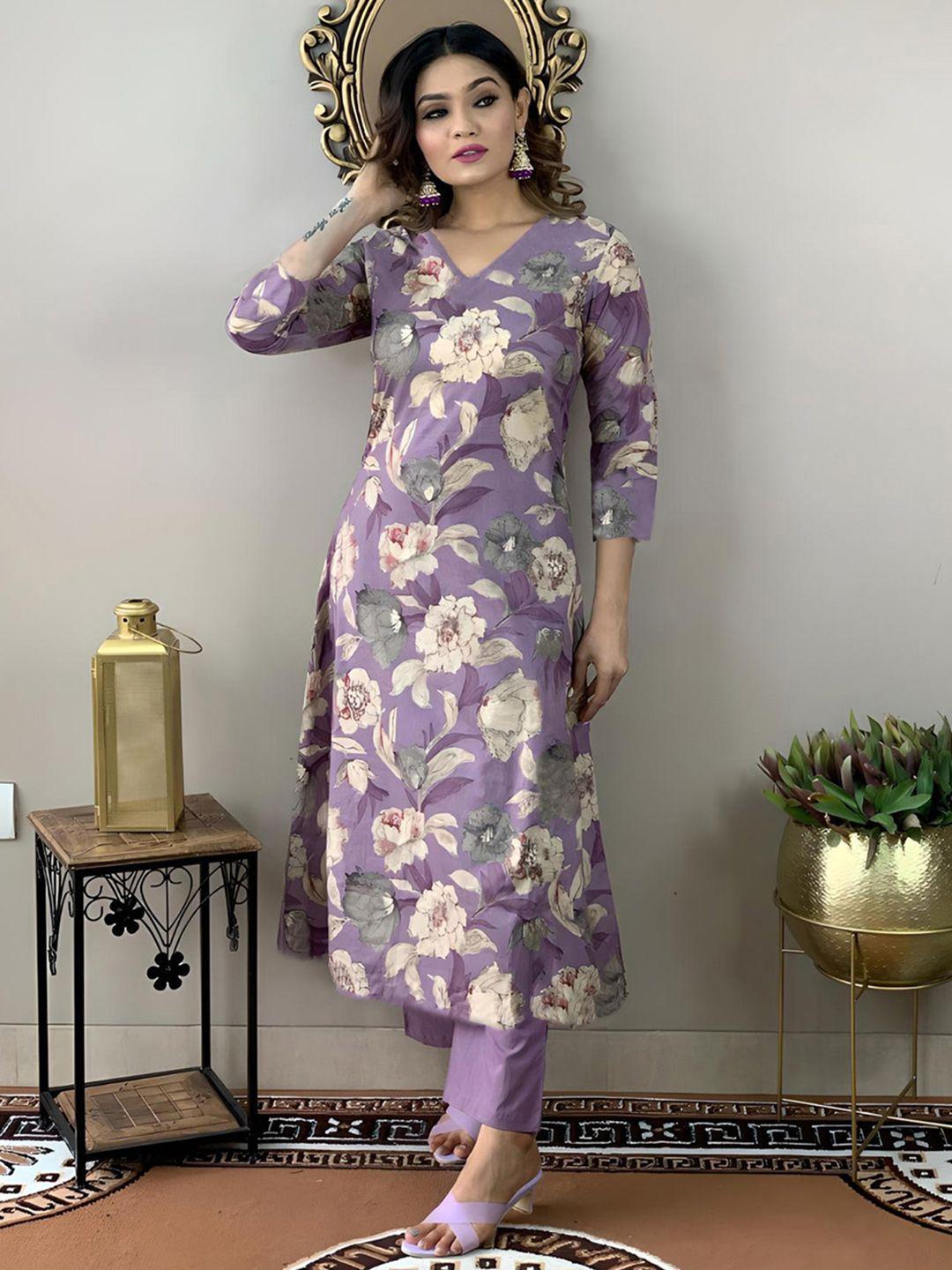 KALINI Floral Printed V-Neck Kurta with Trousers
