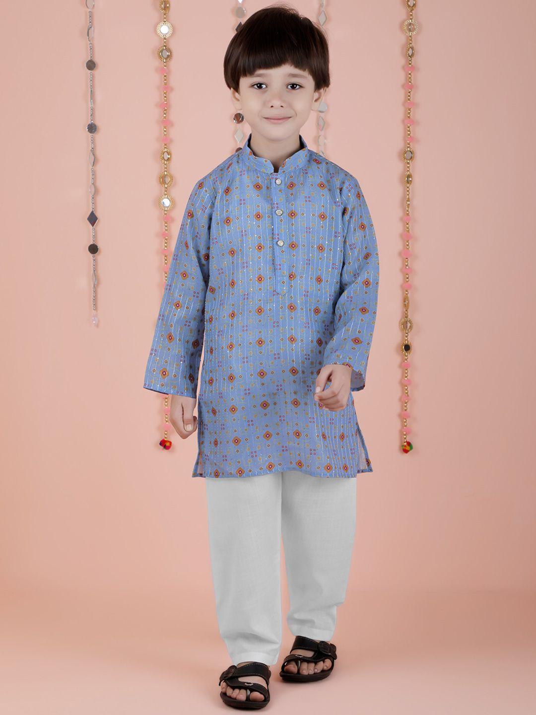 kids-farm-boys-bandhani-printed-mandarin-collar-sequined-kurta-with-pyjamas