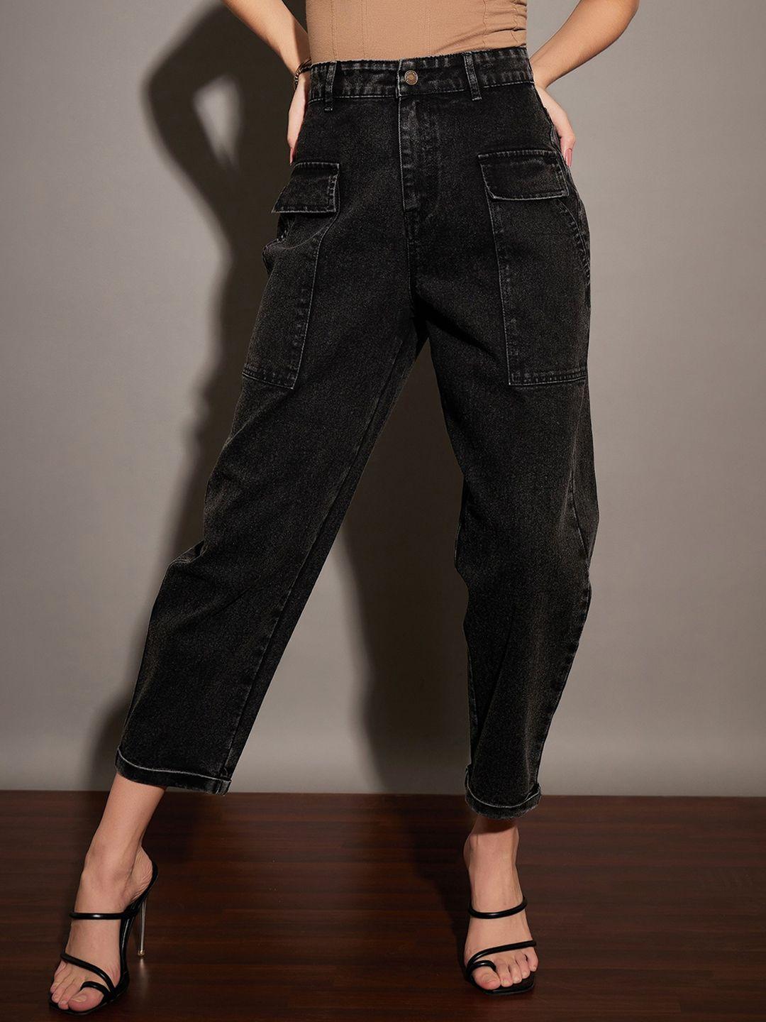 SASSAFRAS Black High-Rise Acid Wash Cropped Clean Look Stretchable Jeans