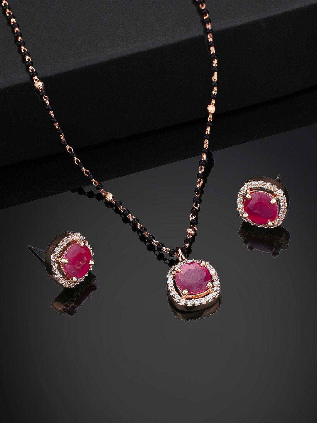 Estele Rose Gold-Plated CZ-Studded & Beaded Mangalsutra With Earrings