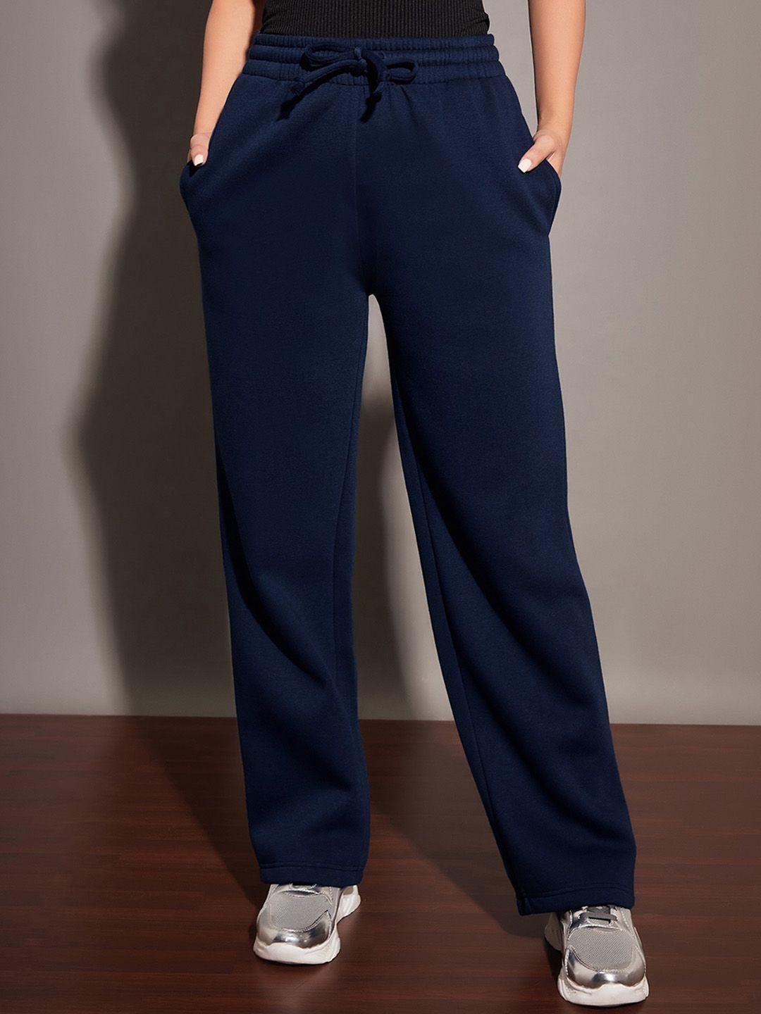 SASSAFRAS Women Navy Blue Relaxed Fit Mid-Rise Fleece Track Pants