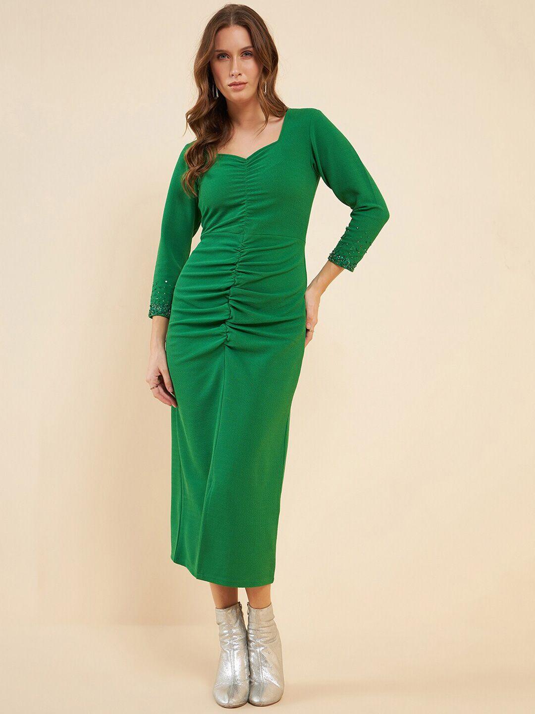 antheaa-green-embellished-detail-ruched-sweetheart-neck-sheath-midi-dress