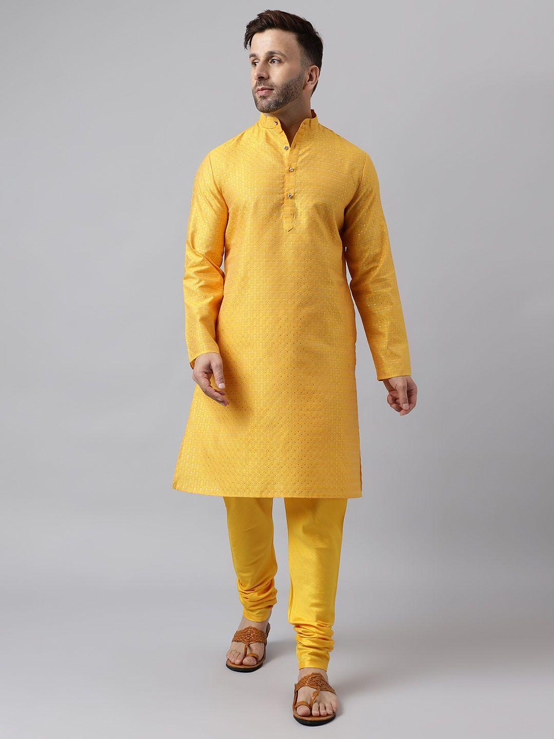 hangup-geometric-woven-design-band-collar-straight-kurta-with-churidar