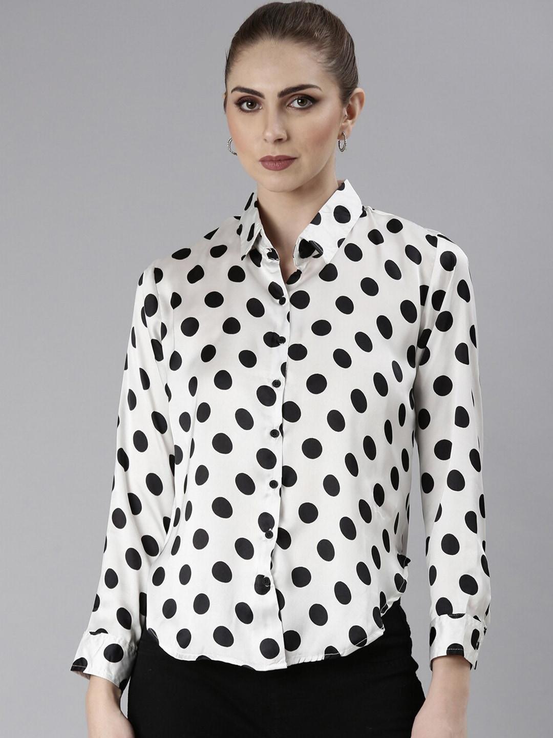 SHOWOFF Standard Slim Fit Polka Dot Printed Satin Casual Shirt