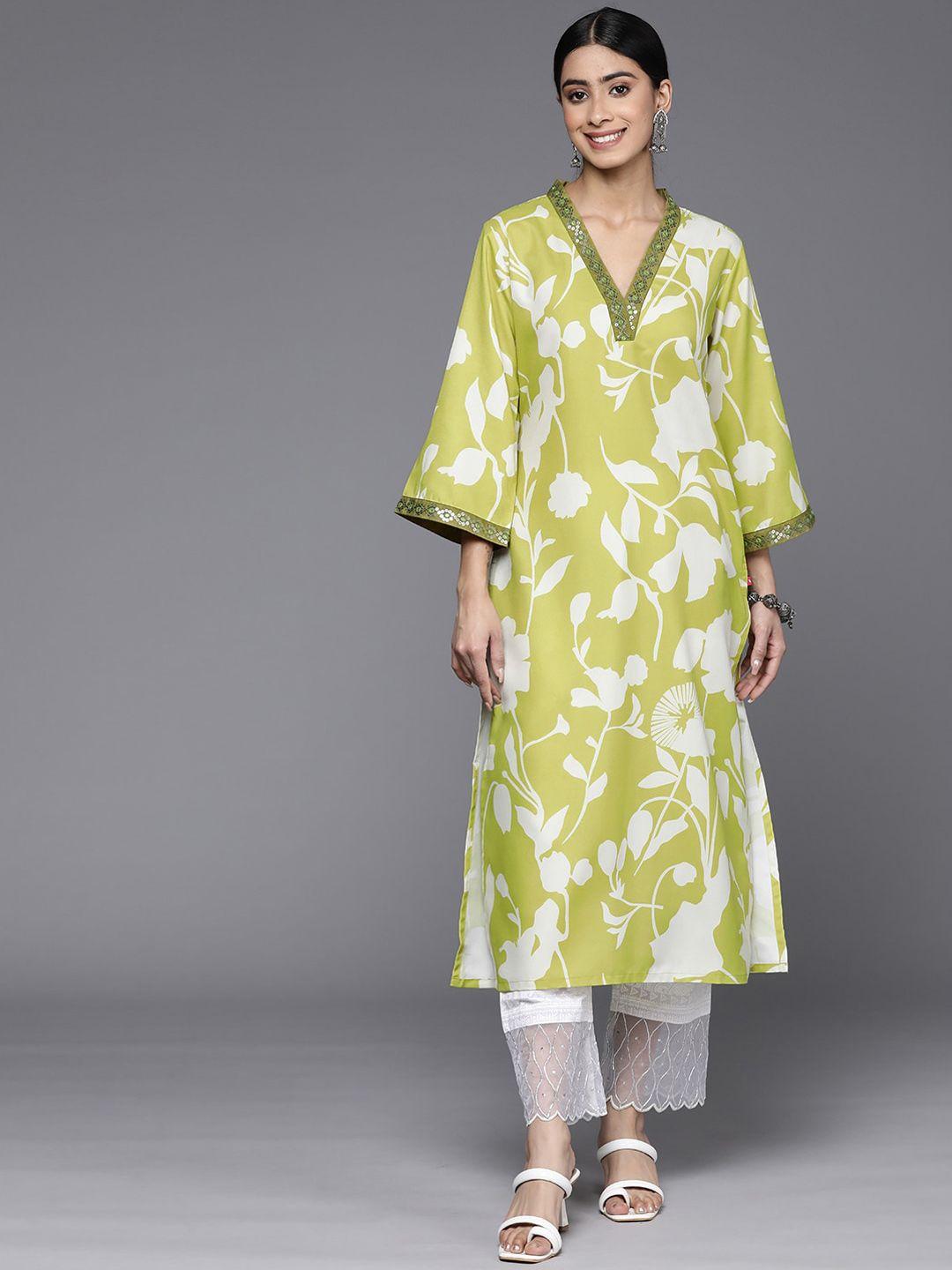Varanga Lime Green & Off White Floral Printed Flared Sleeves Sequinned Kurta