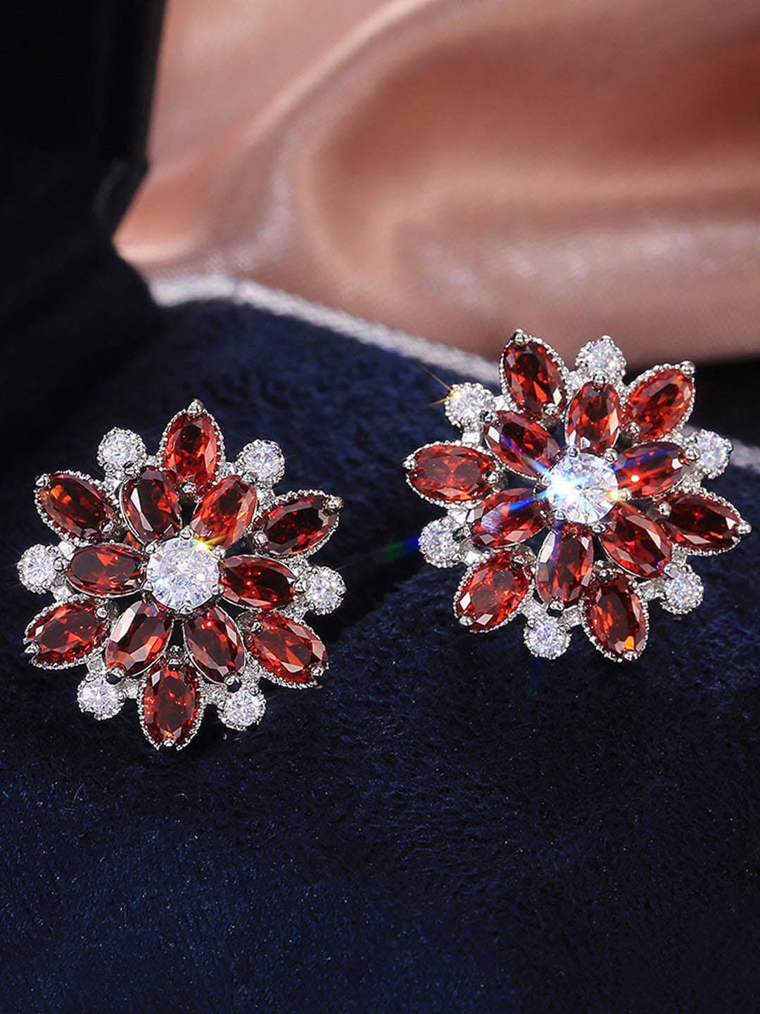 Jewels Galaxy Silver-Plated American Diamond Studded Floral Studs Earrings