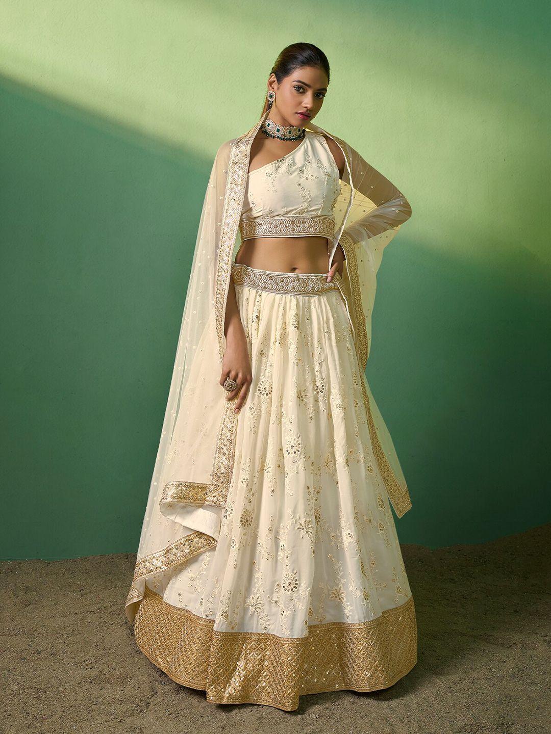 ODETTE Sequinned Embroidered Semi-Stitched Lehenga & Unstitched Blouse With Dupatta