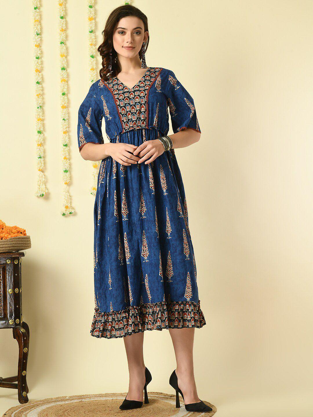 myshka-ethnic-motifs-printed-v-neck-pleated-cotton-fit-&-flare-midi-ethnic-dress