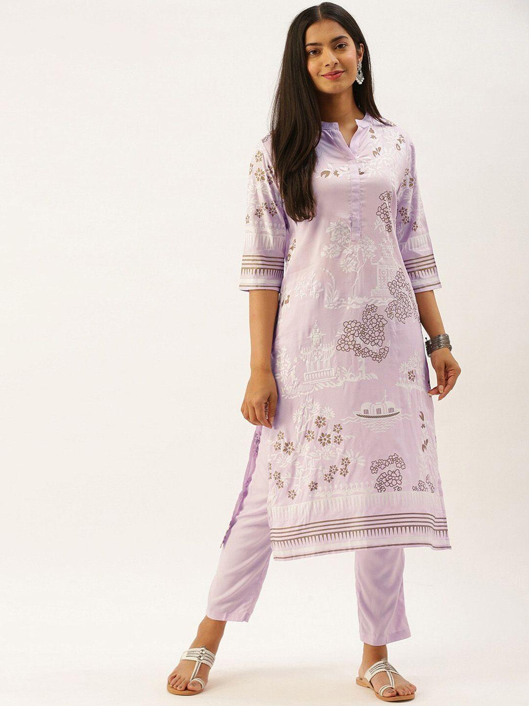 instafab-floral-printed-mandarin-collar-kurta-with-trousers