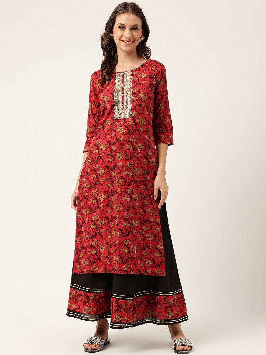 KALINI Floral Printed Sequinned Detailed Pure Cotton Straight Kurta With Palazzo