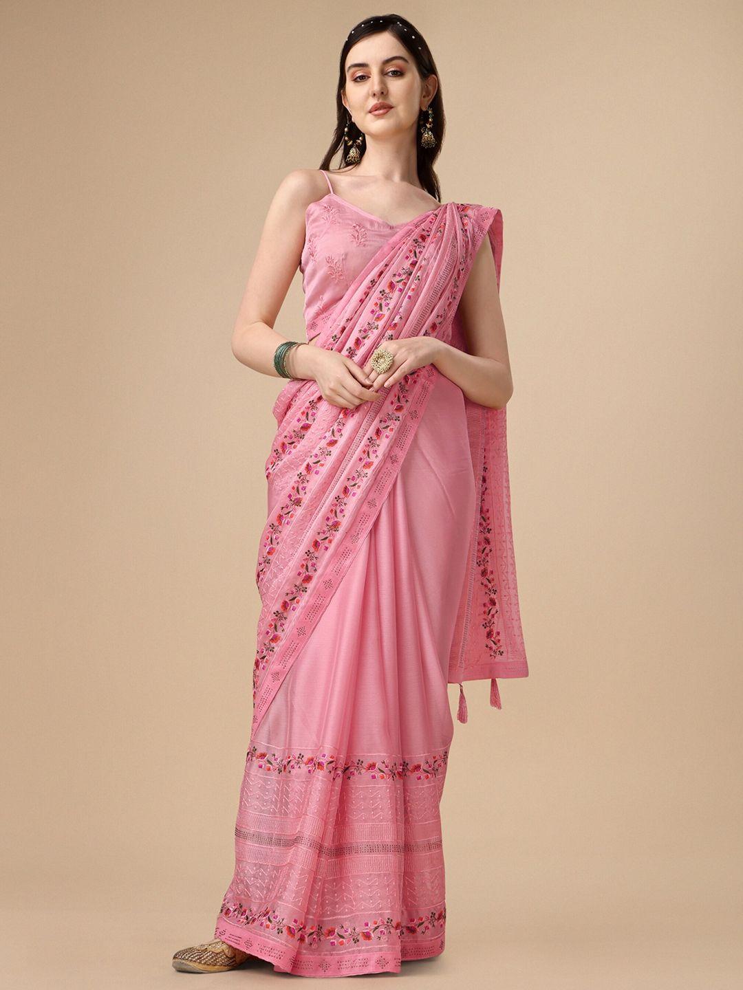 KALINI Floral Beads & Stones Embroidered Pure Chiffon Saree