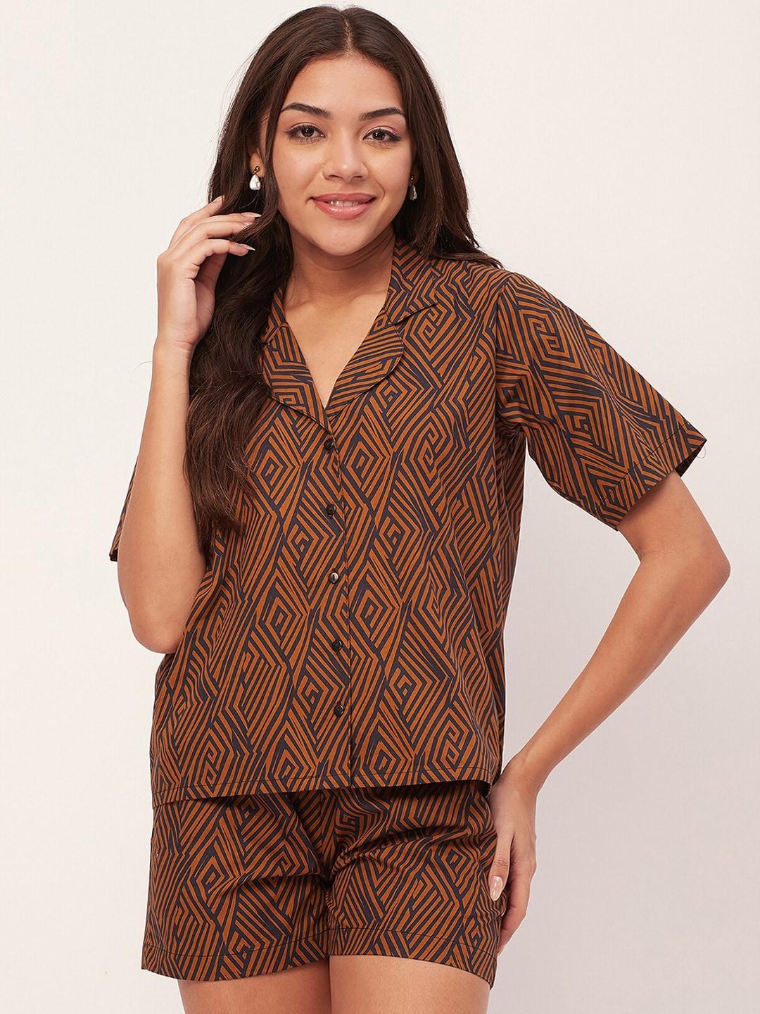 Moomaya Geometric Printed Lapel Collar Pure Cotton Shirt & Shorts