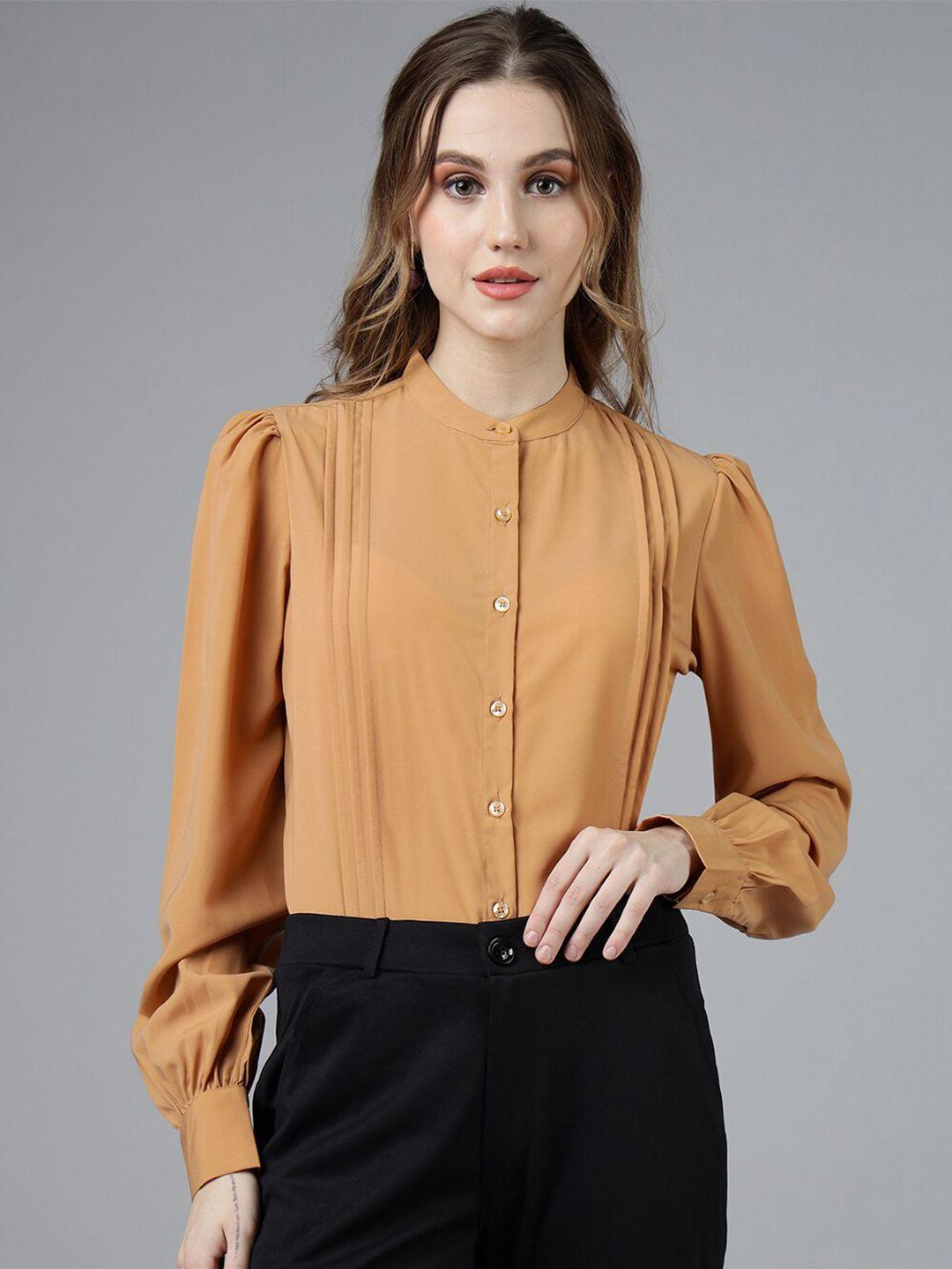 fithub-mandarin-collar-cuffed-sleeves-pin-tucks-cotton-shirt-style-top